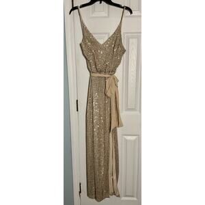 NWT Premier Amour Gold Sequin Gown, Adjustable Straps, Lined, Slit, Belt, 16